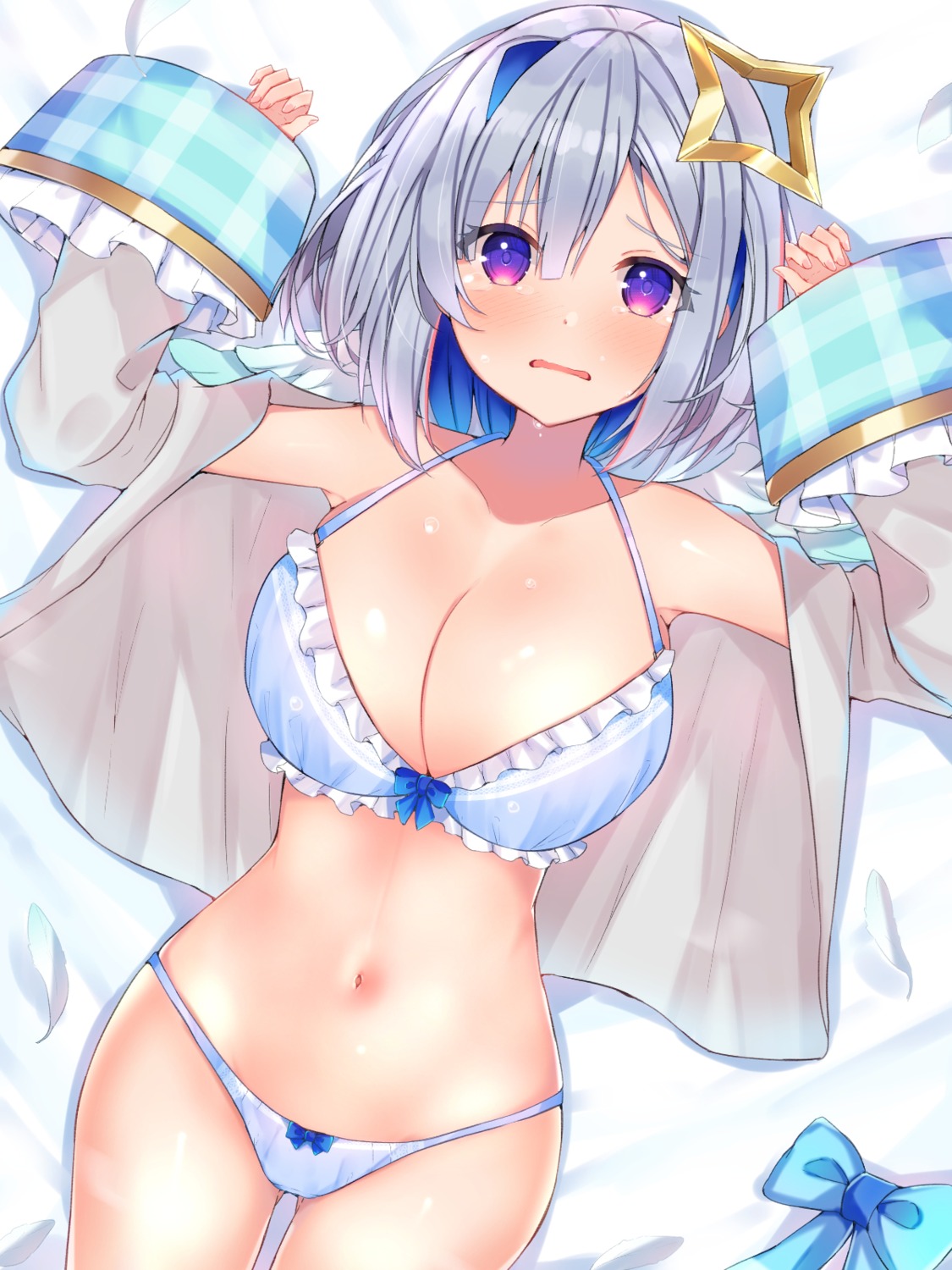 amane_kanata angel bra hololive mi_taro333 open_shirt pantsu wings