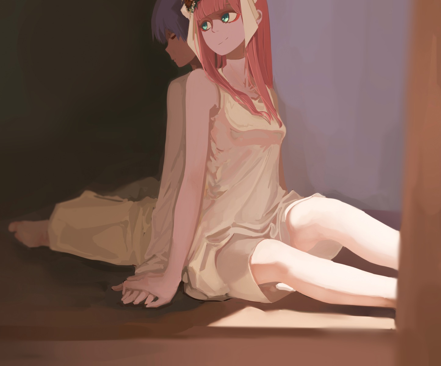 darling_in_the_franxx hiro_(darling_in_the_franxx) horns myrt1e pajama zero_two_(darling_in_the_franxx)