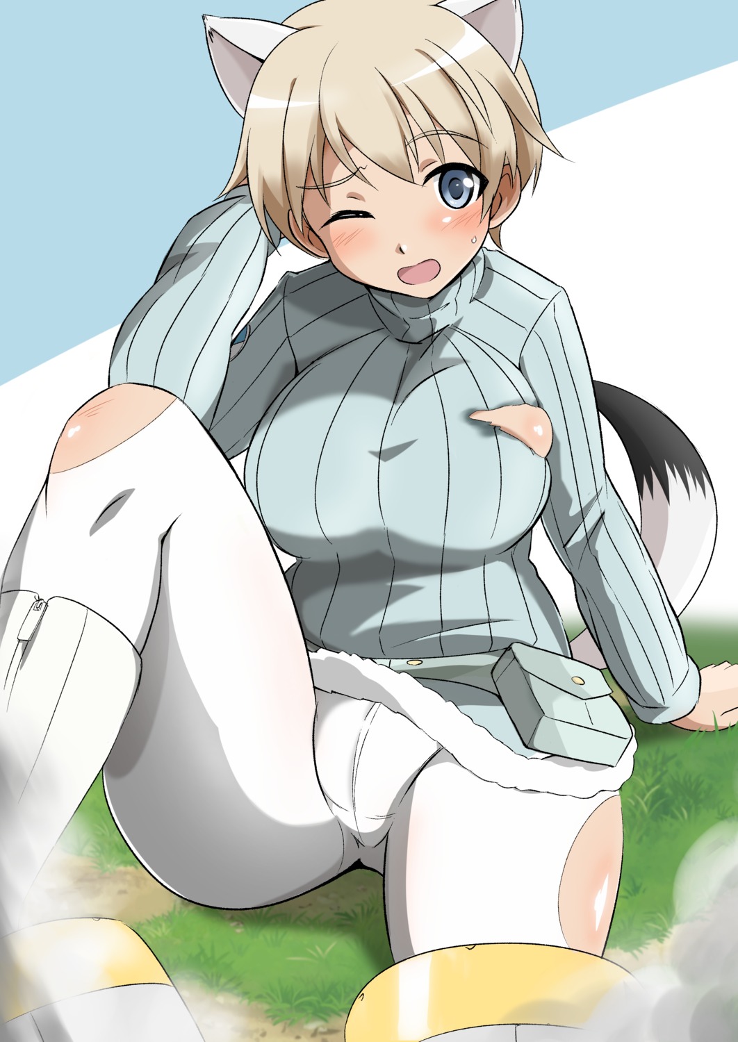 animal_ears cameltoe nikka_edvardine_katajainen no_bra pantyhose strike_witches sweater tail torn_clothes tricky_46