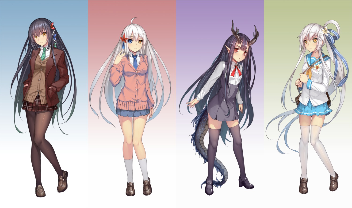 heterochromia horns musyne_xsk pantyhose pointy_ears seifuku sweater tail thighhighs