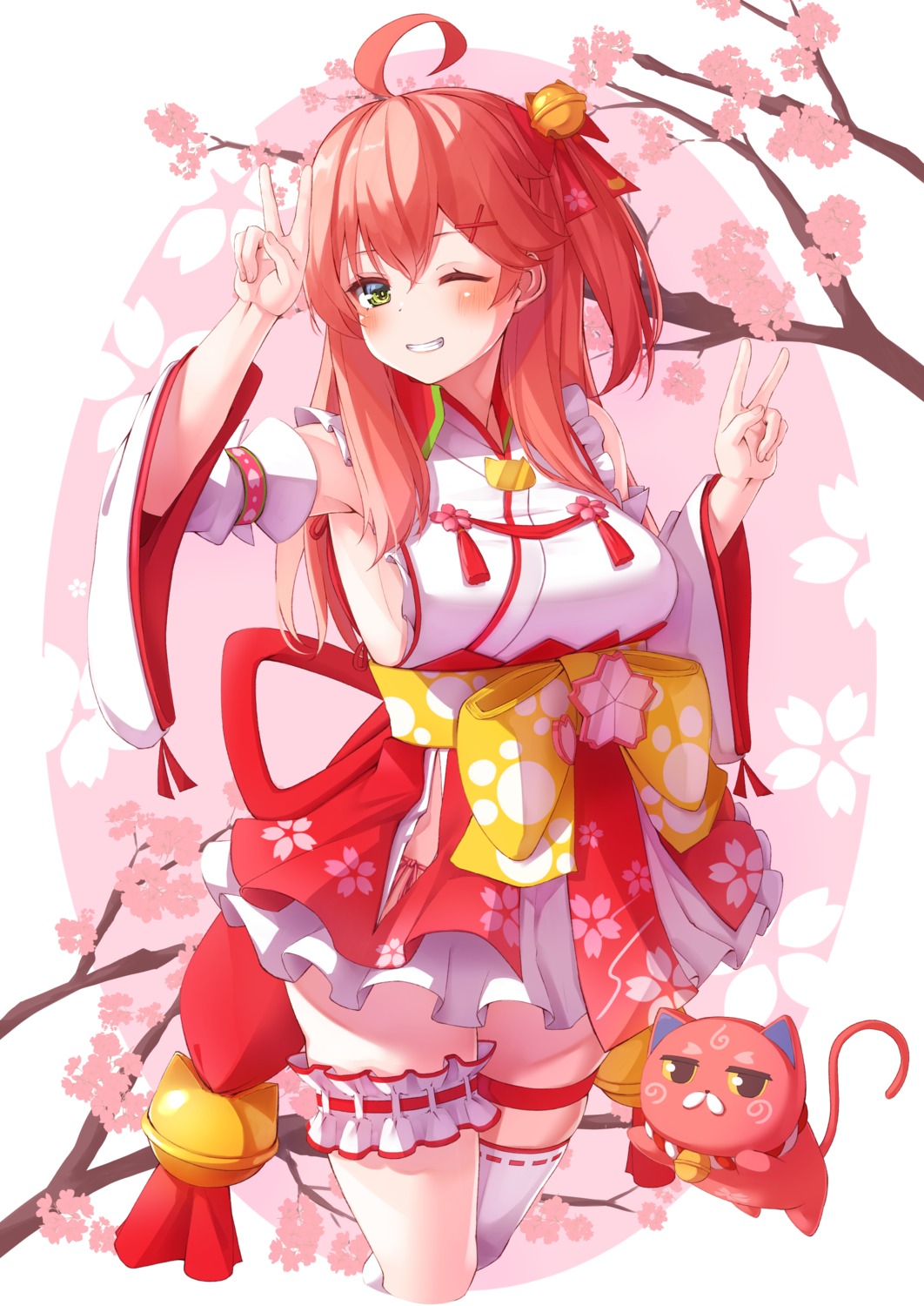 garter hololive japanese_clothes neko nyan_(reinyan_007) sakura_miko thighhighs