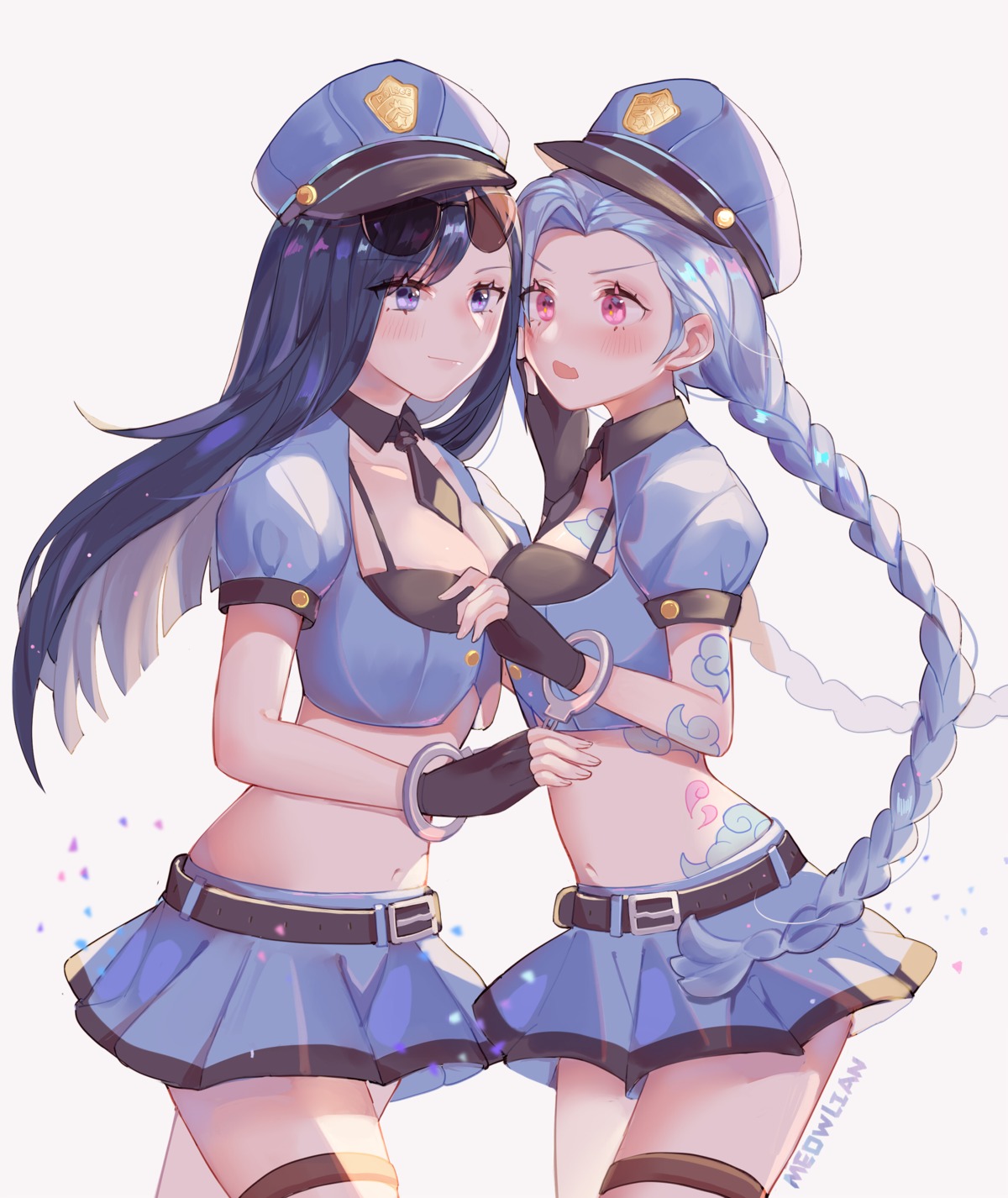 caitlyn cleavage garter jinx league_of_legends meowlian police_uniform tattoo yuri