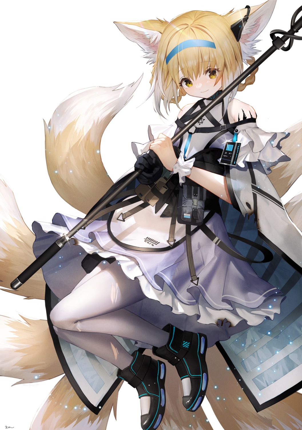 animal_ears arknights dress kitsune pantyhose skirt_lift suzuran_(arknights) tail torn_clothes weapon xin_(xin)