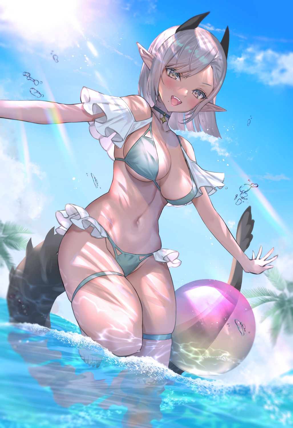 bikini garter hitowa horns pointy_ears swimsuits tail wet