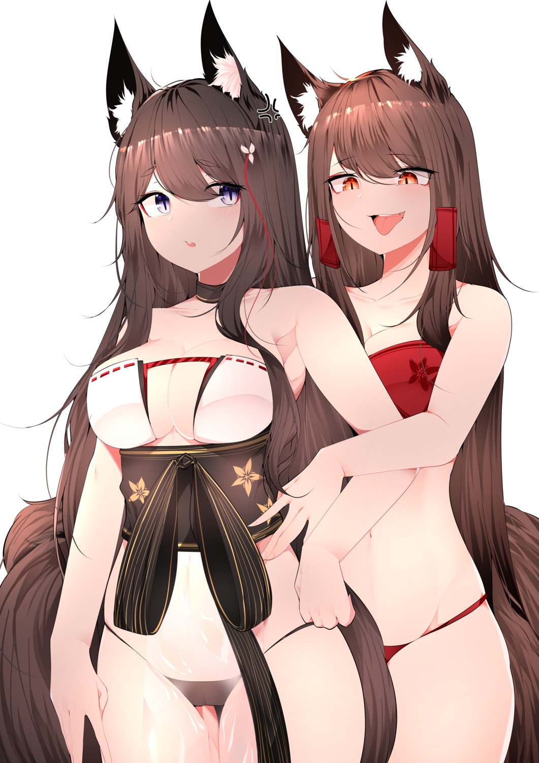 akagi_(azur_lane) amagi_(azur_lane) animal_ears azur_lane bra japanese_clothes kitsune no_bra pantsu samip see_through tail yuri