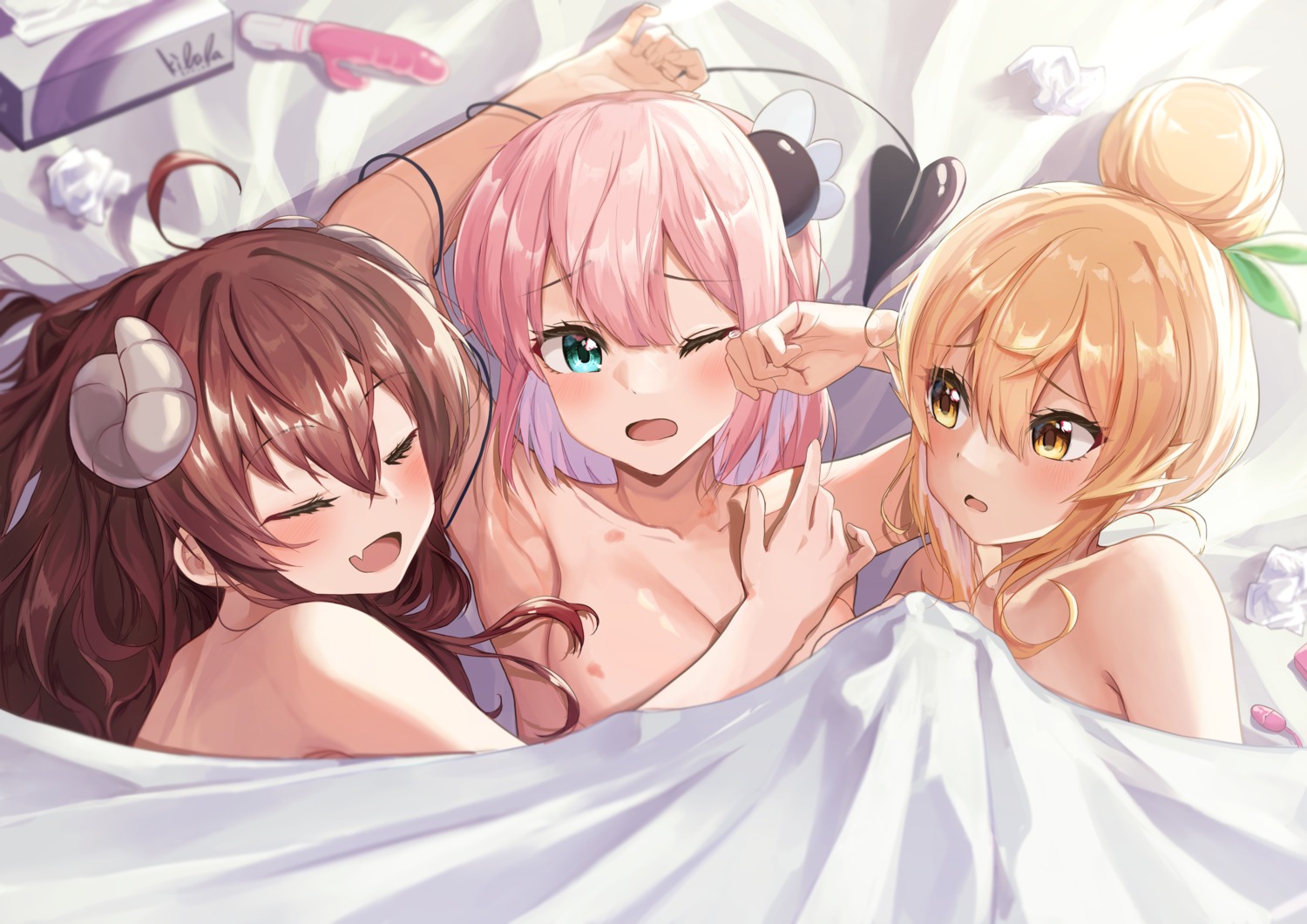 breast_hold chiyoda_momo hinatsuki_mikan horns machikado_mazoku sheets suzushi_moruto tail topless yoshida_yuuko_(machikado_mazoku) yuri