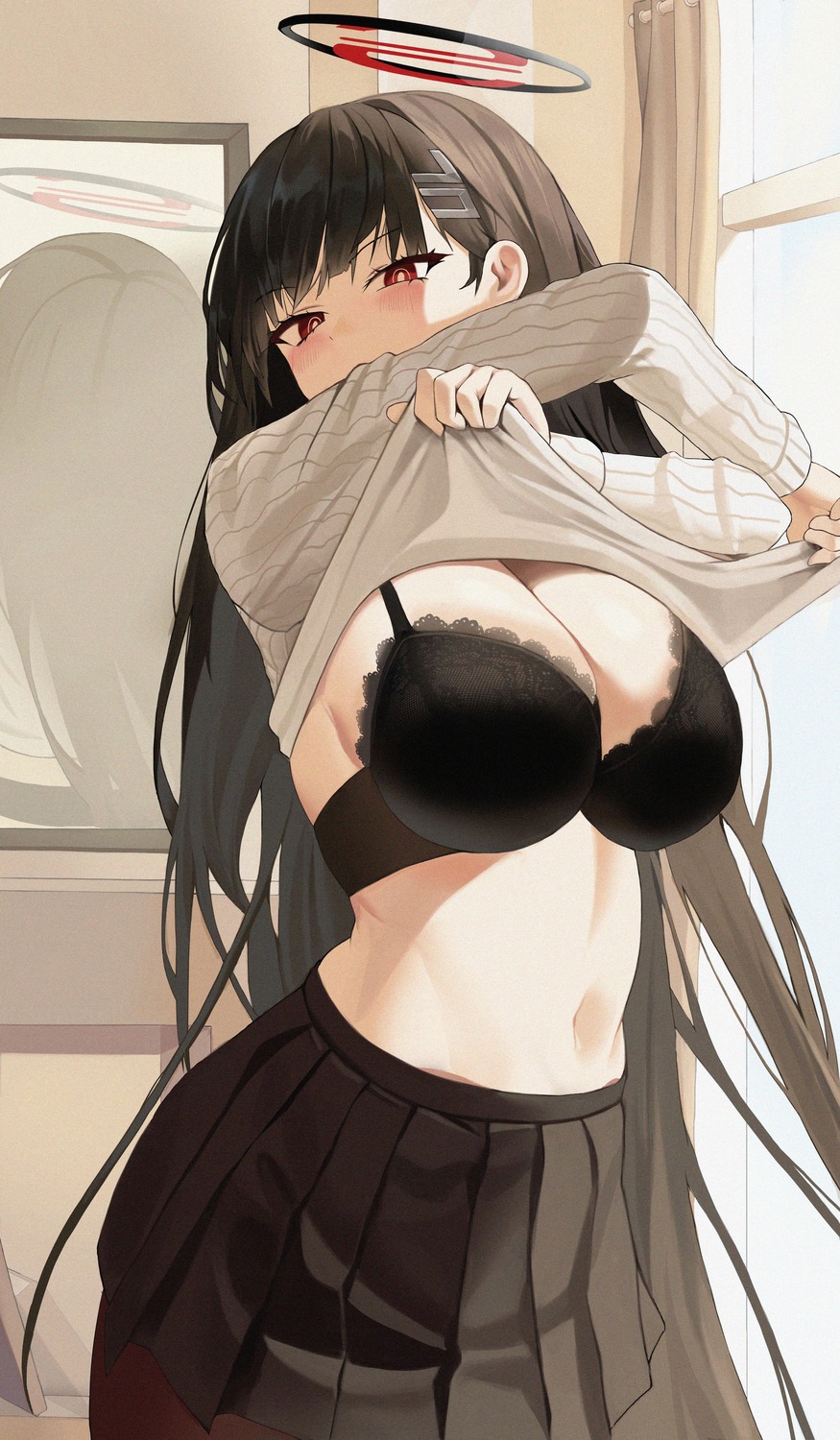 blue_archive bra halo natu_(natu_sod) pantyhose shirt_lift sweater tsukatsuki_rio undressing