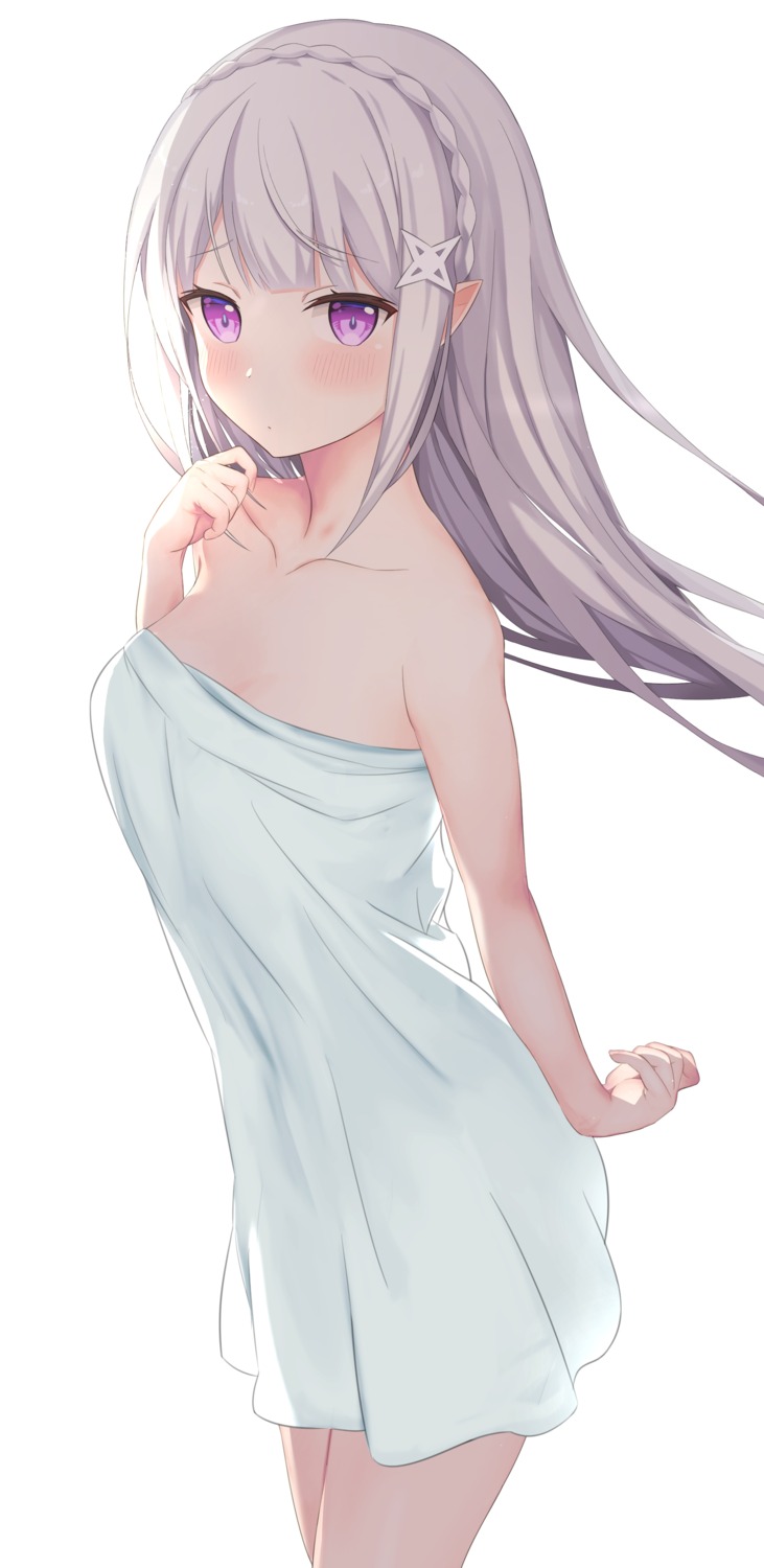 echiru elf emilia_(re_zero) pointy_ears re_zero_kara_hajimeru_isekai_seikatsu towel