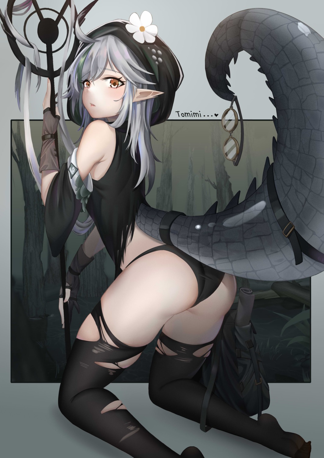 arknights ass pantsu pointy_ears qldpopi tail thighhighs tomimi_(arknights) torn_clothes weapon