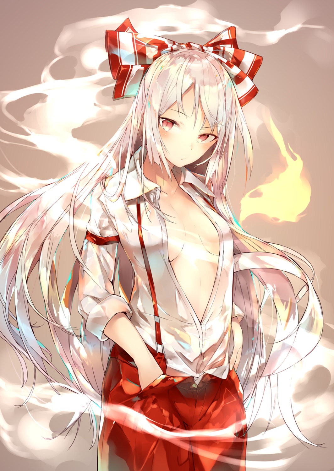 fujiwara_no_mokou no_bra open_shirt sakusyo touhou