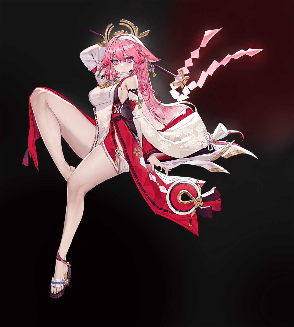 animal_ears eggisalive genshin_impact heels japanese_clothes kitsune no_bra skirt_lift yae_miko