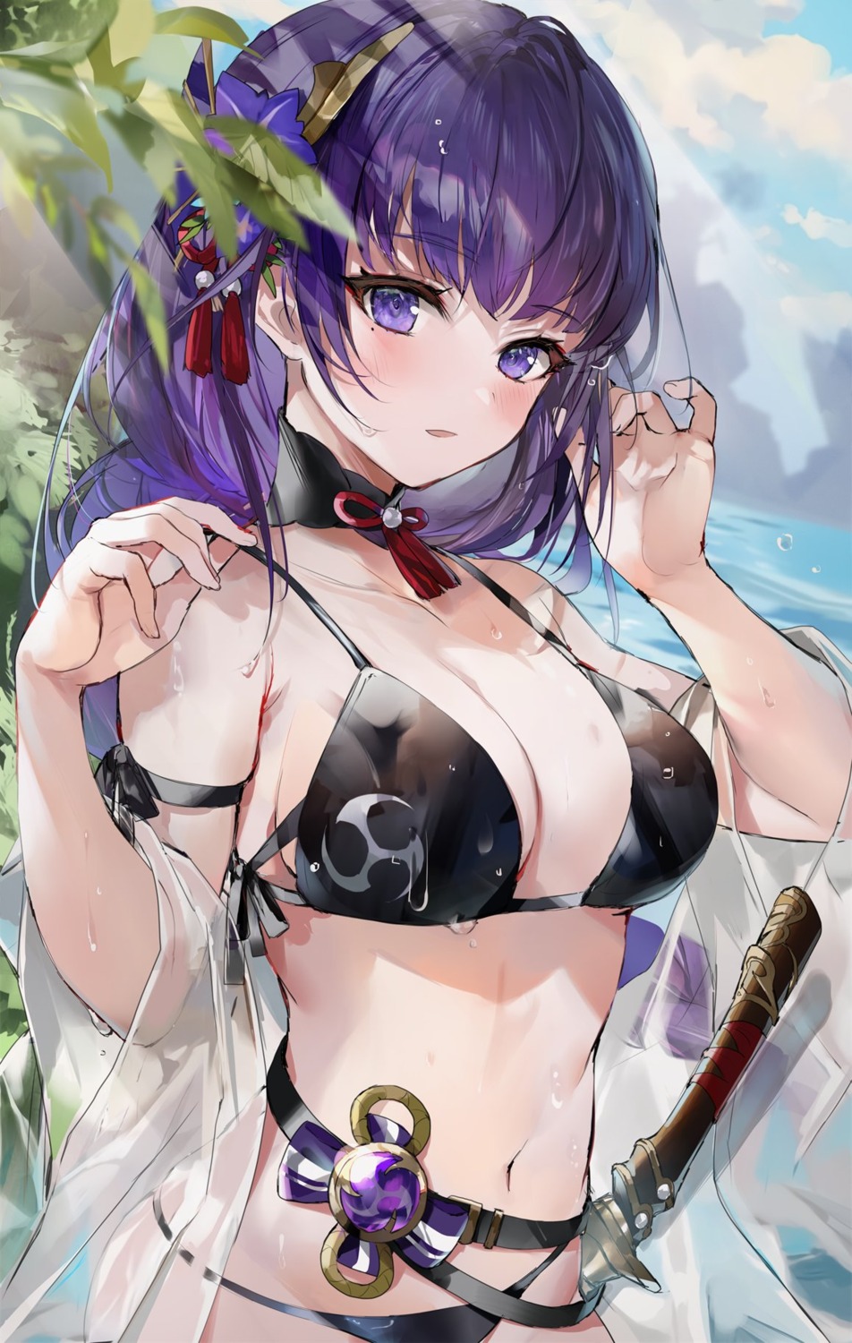 bikini genshin_impact hinahino open_shirt raiden_shogun see_through swimsuits sword wet