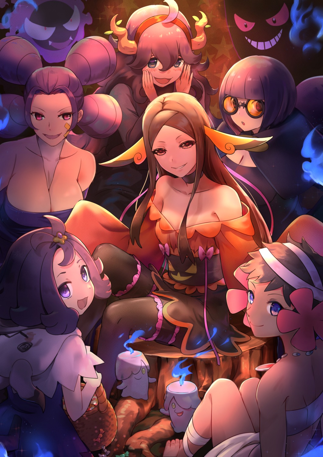 acerola_(pokemon) bandages bandaid bikini breasts cleavage dress fuyou_(pokemon) garter gastly gengar halloween hex_maniac_(pokemon) horns hsin litwick mache_(pokemon) megane melissa_(pokemon) no_bra pantyhose pokemon pokemon_black_and_white_2 pokemon_sm pokemon_xy shikimi_(pokemon) sling_bikini swimsuits thighhighs