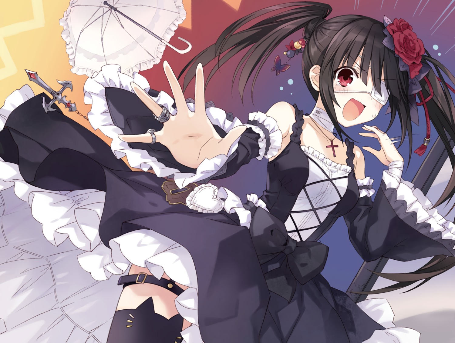 date_a_live dress eyepatch garter gothic_lolita lolita_fashion possible_duplicate skirt_lift stockings thighhighs tokisaki_kurumi tsunako umbrella