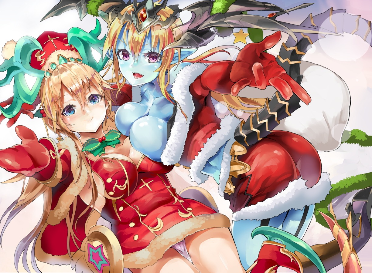 ass breasts cameltoe christmas cleavage dress himuro horns monster_girl no_bra open_shirt pantsu pointy_ears puzzle_&_dragons stockings tail thighhighs