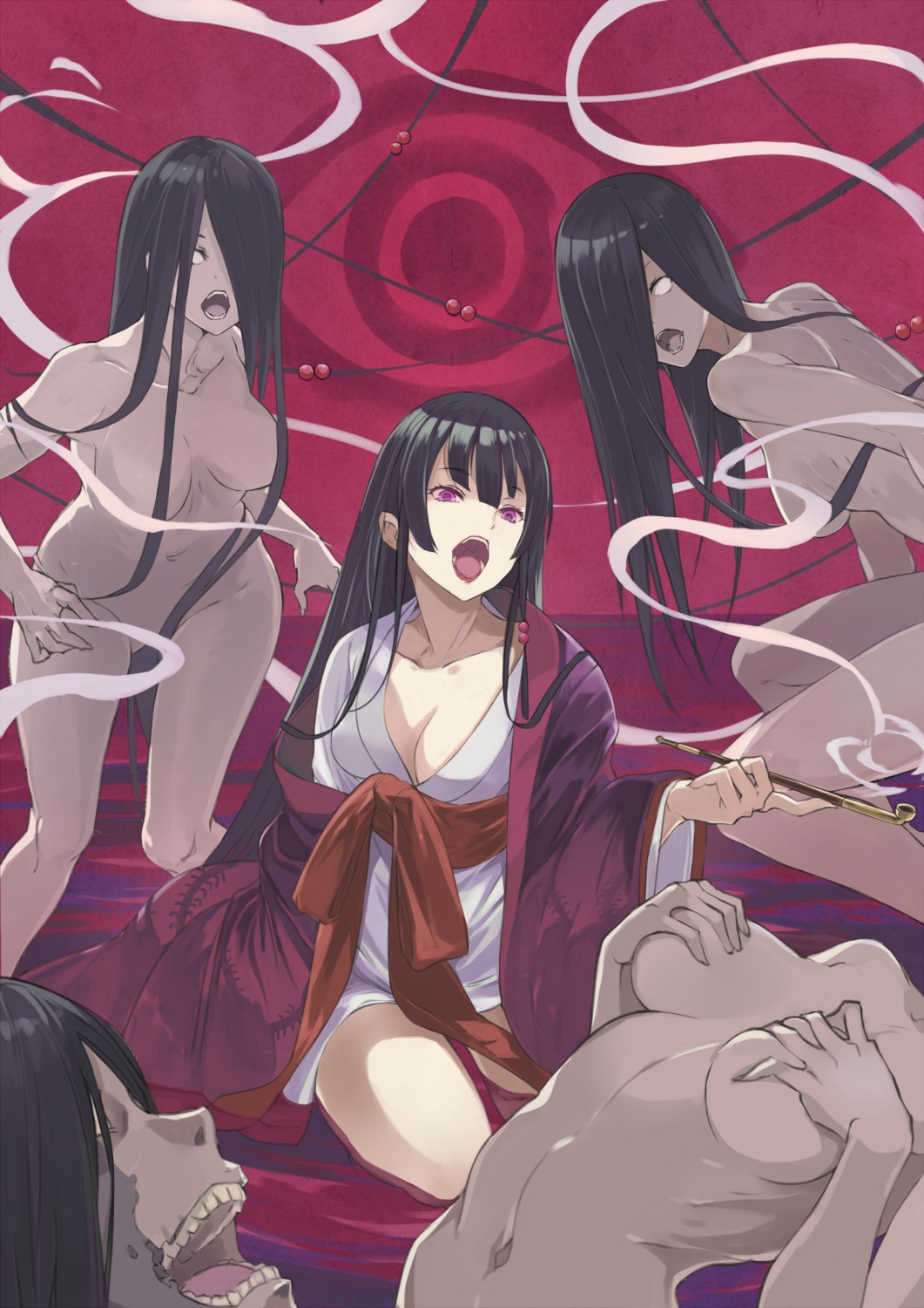 breast_grab cleavage izanami_(noragami) japanese_clothes naked noragami open_shirt por