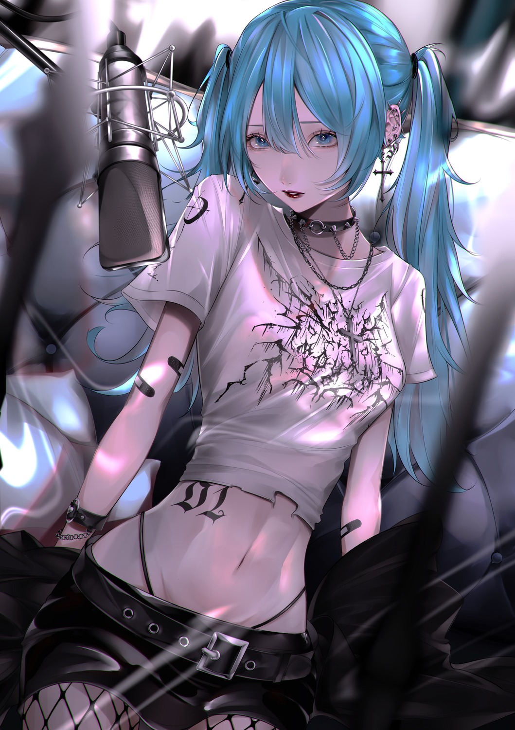 bandaid fishnets hatsune_miku mano_mouth pantsu pantyhose tattoo torn_clothes vocaloid