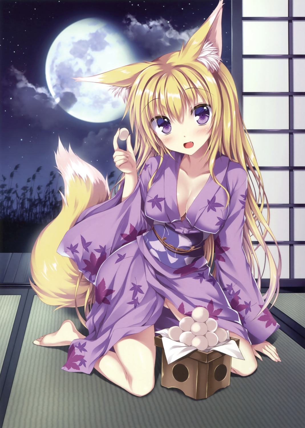 animal_ears cleavage erect_nipples kitsune open_shirt tail tateha yukata