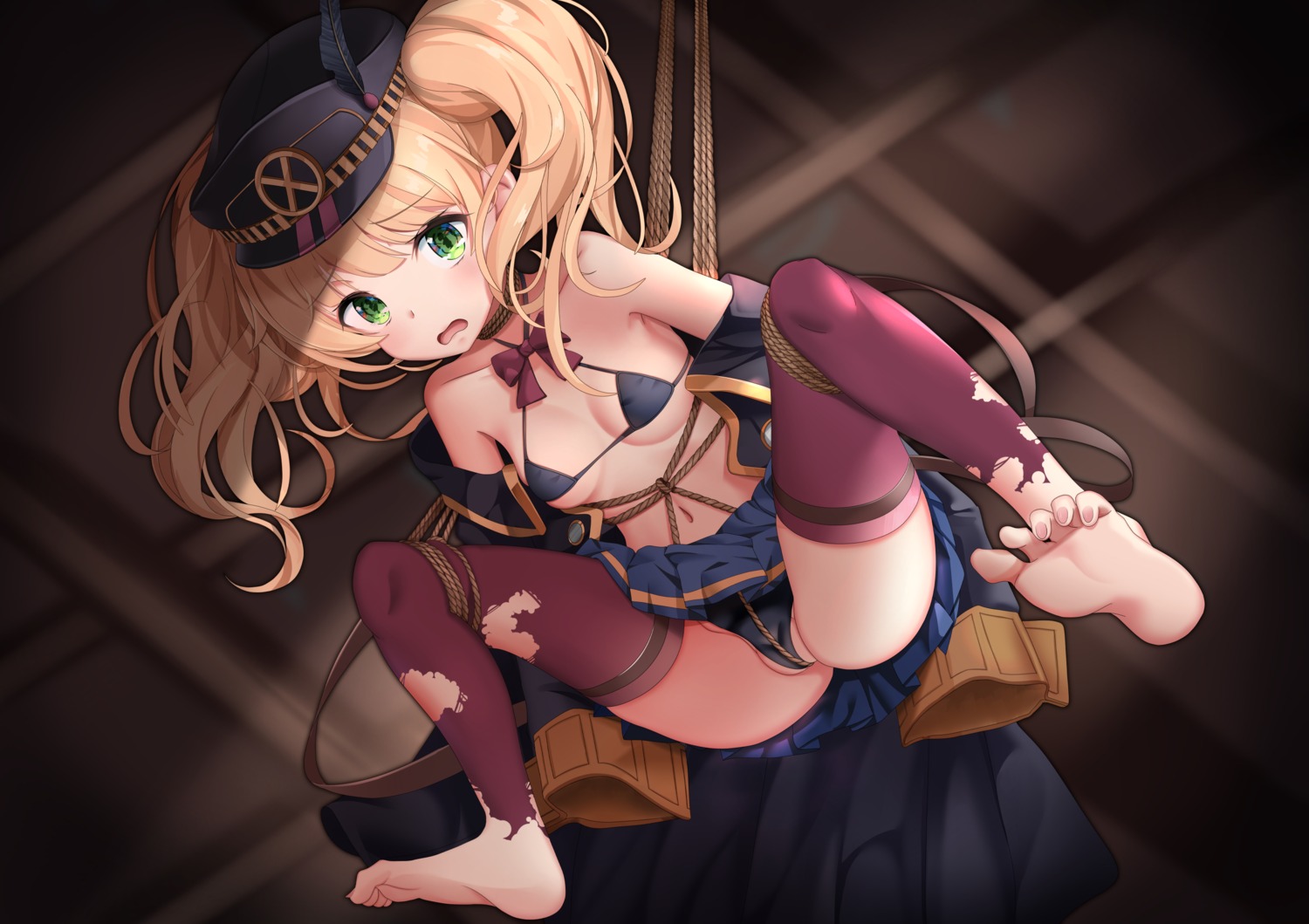 bondage bra cameltoe feet garter monika_weisswind onasuba open_shirt pantsu princess_connect princess_connect!_re:dive skirt_lift thighhighs thong torn_clothes