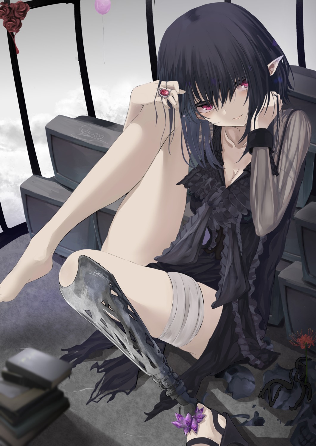 bandages cleavage dress kesoshirou pointy_ears see_through