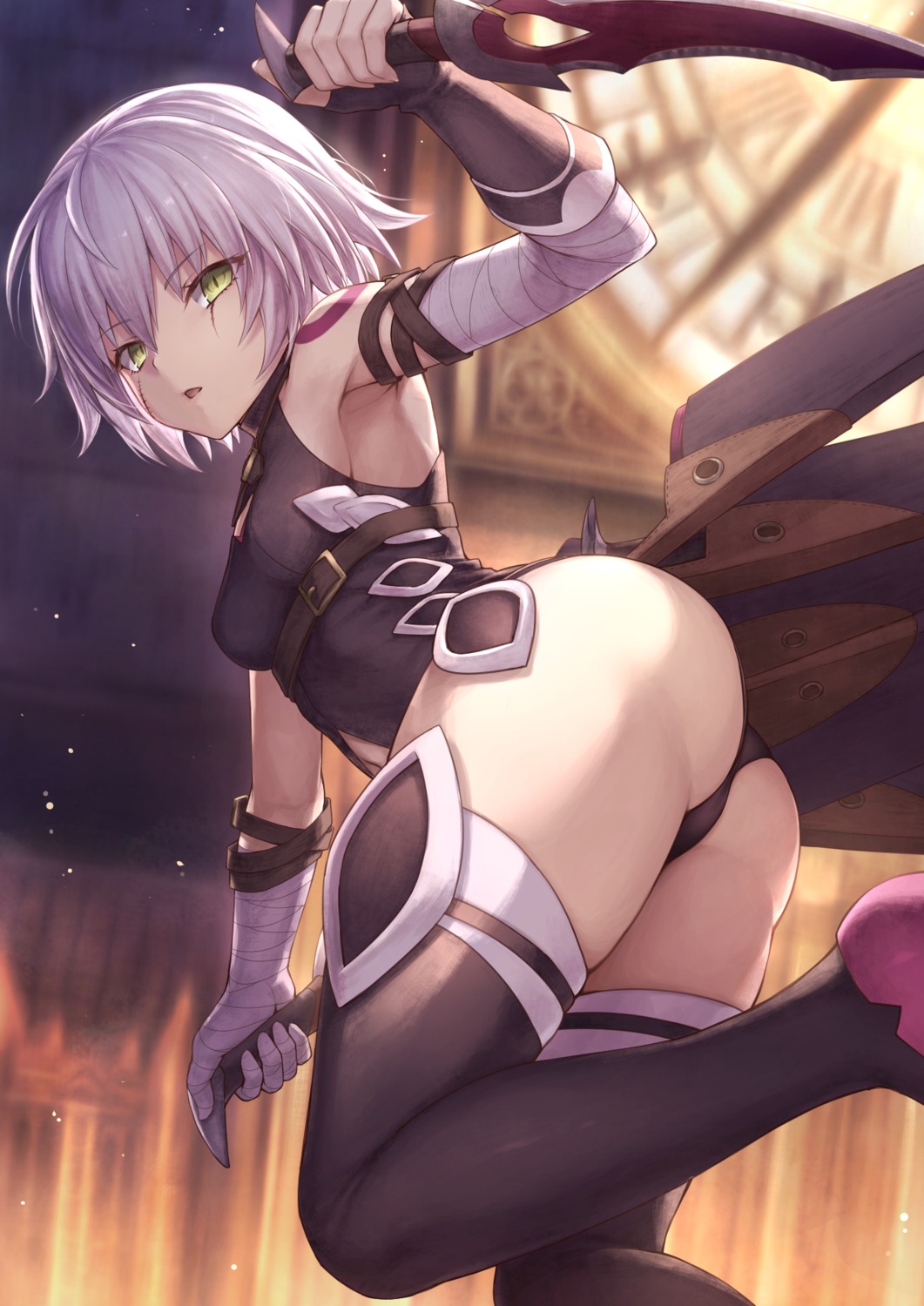 ass bandages fate/apocrypha fate/grand_order fate/stay_night jack_the_ripper mashu_(003) pantsu tattoo thighhighs weapon