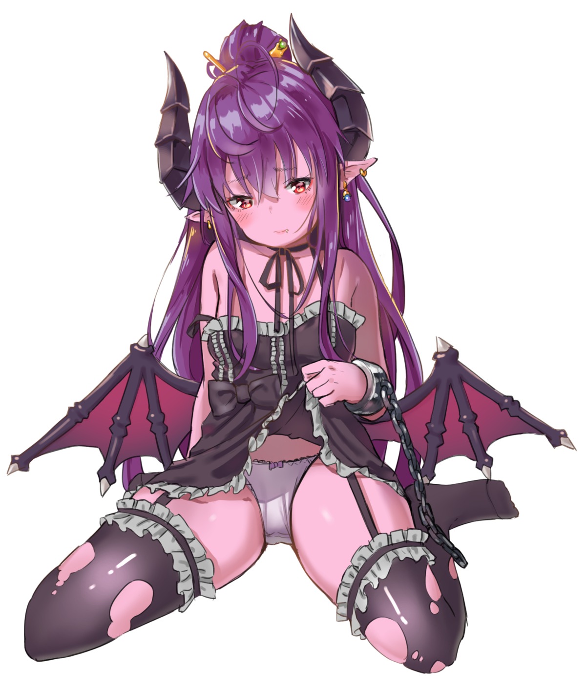 agnam_ore dress horns loli pantsu pointy_ears skirt_lift stockings thighhighs torn_clothes wings