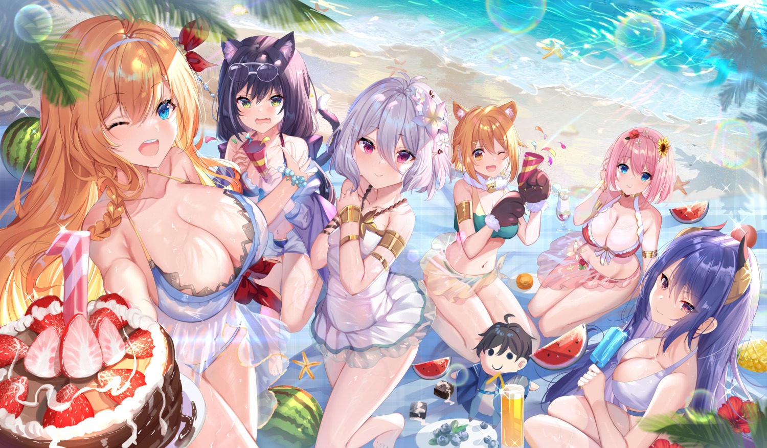 animal_ears bikini breasts chibi cleavage harusaki_hiyori horns karyl_(princess_connect) kokkoro kusano_yui megane nekomimi pecorine princess_connect princess_connect!_re:dive see_through shanguier shijou_rei swimsuits tail wet