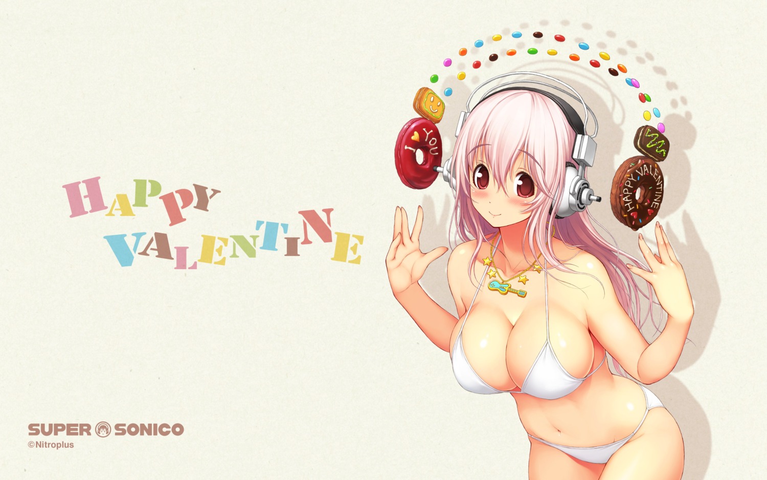 bikini cleavage headphones nitroplus sonico super_sonico swimsuits tsuji_santa valentine wallpaper