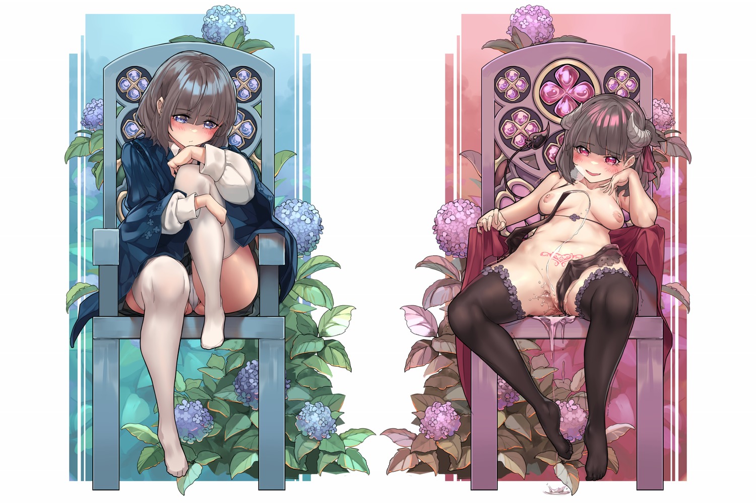 bottomless bra breasts cameltoe horns nipples pantsu pussy_juice skirt_lift tail tattoo thighhighs thong wei_yu wings