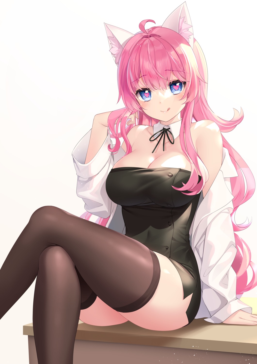 animal_ears dress m.vv nekomimi no_bra skirt_lift thighhighs