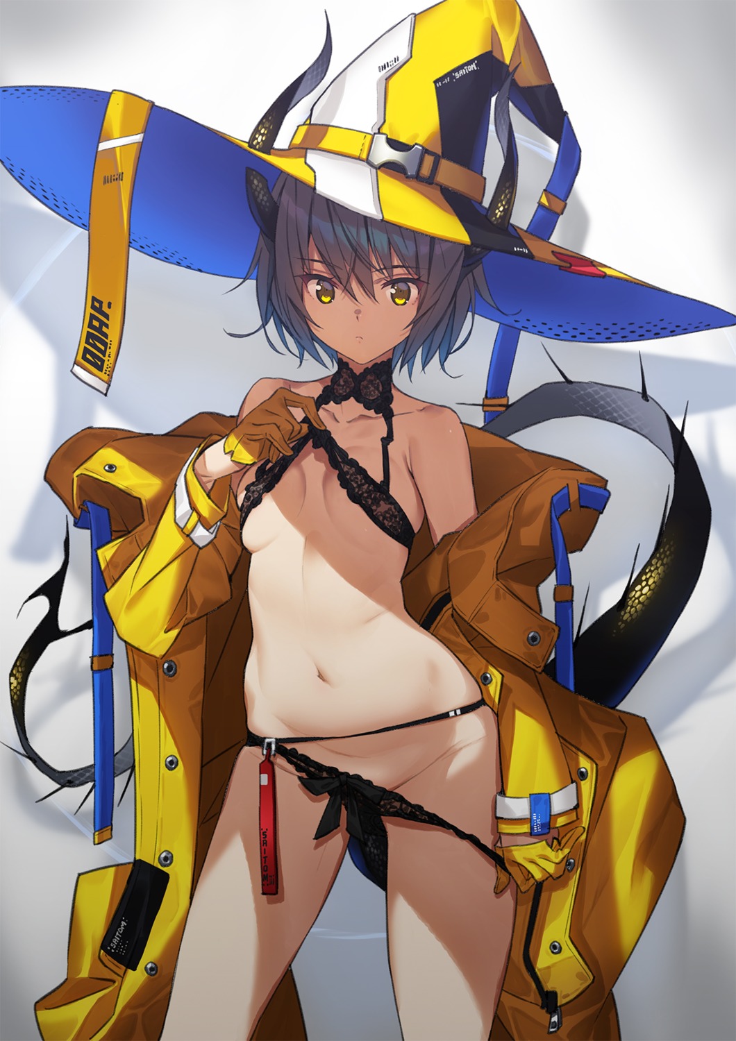 bra horns open_shirt pantsu panty_pull saitom tail undressing witch