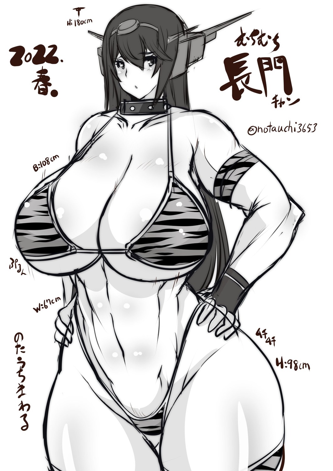 bikini kantai_collection monochrome nagato_(kancolle) notauchi_mawaru_ni-shiki sketch swimsuits thighhighs
