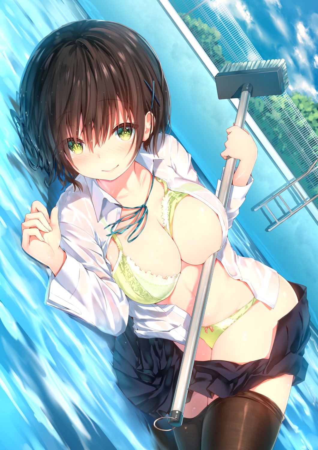 bra open_shirt pantsu pantyhose see_through seifuku sune_(mugendai) wet wet_clothes