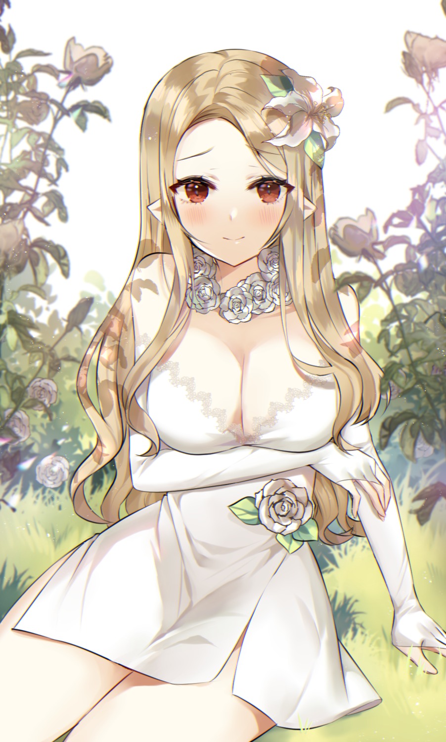 breast_hold cleavage dress no_bra poho pointy_ears