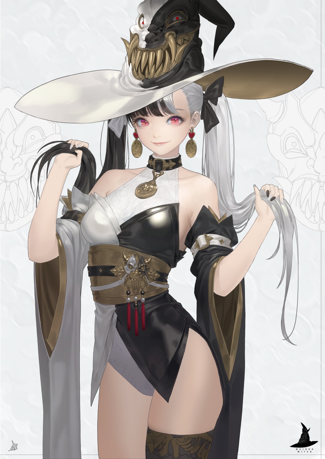 daeho_cha japanese_clothes leotard no_bra see_through thighhighs witch