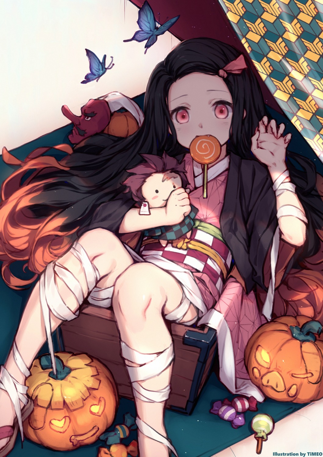 bandages halloween kamado_nezuko kimetsu_no_yaiba kimono skirt_lift timeo