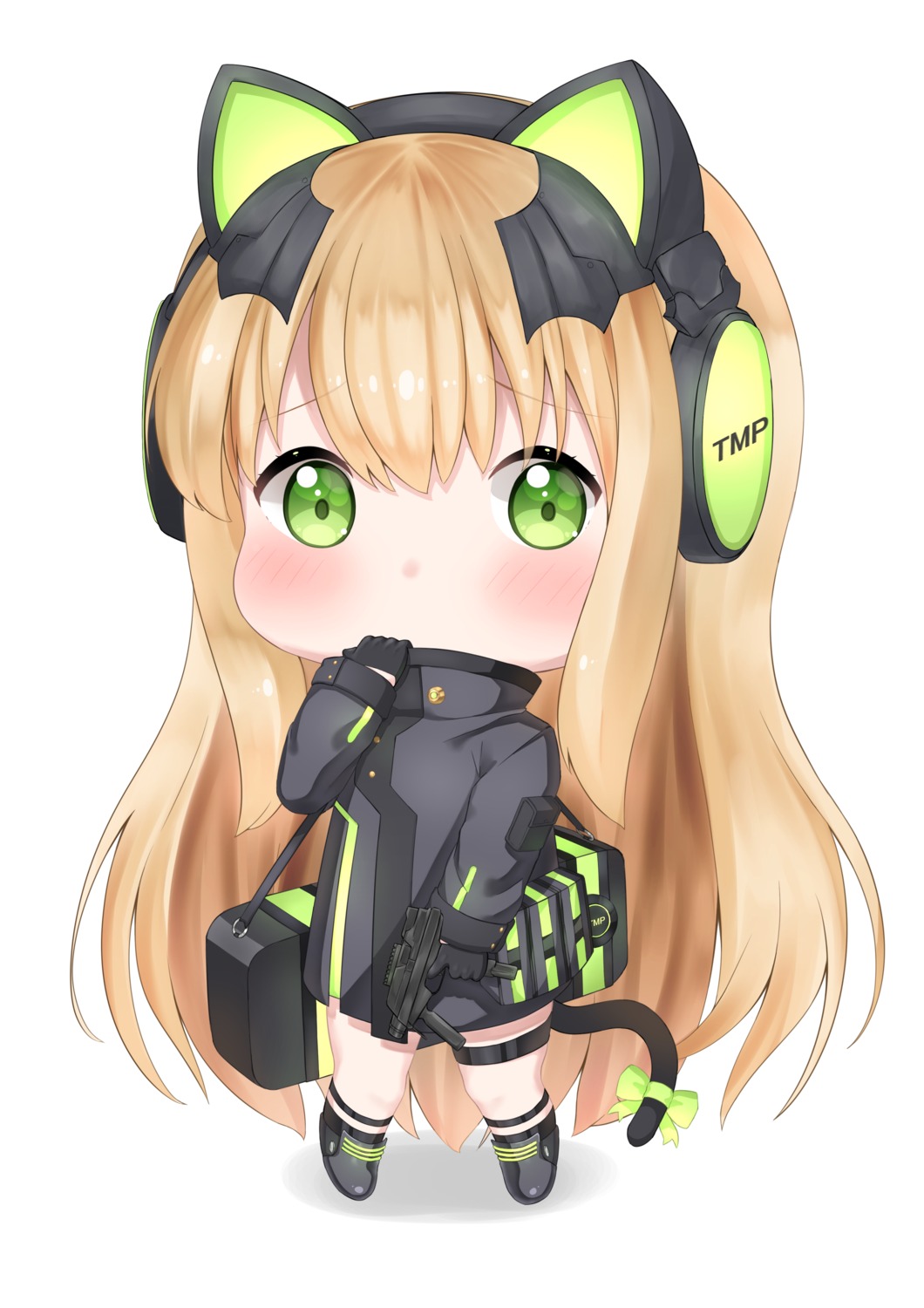 animal_ears chibi garter girls_frontline gun headphones nekomimi tail takechii tmp_(girls_frontline)