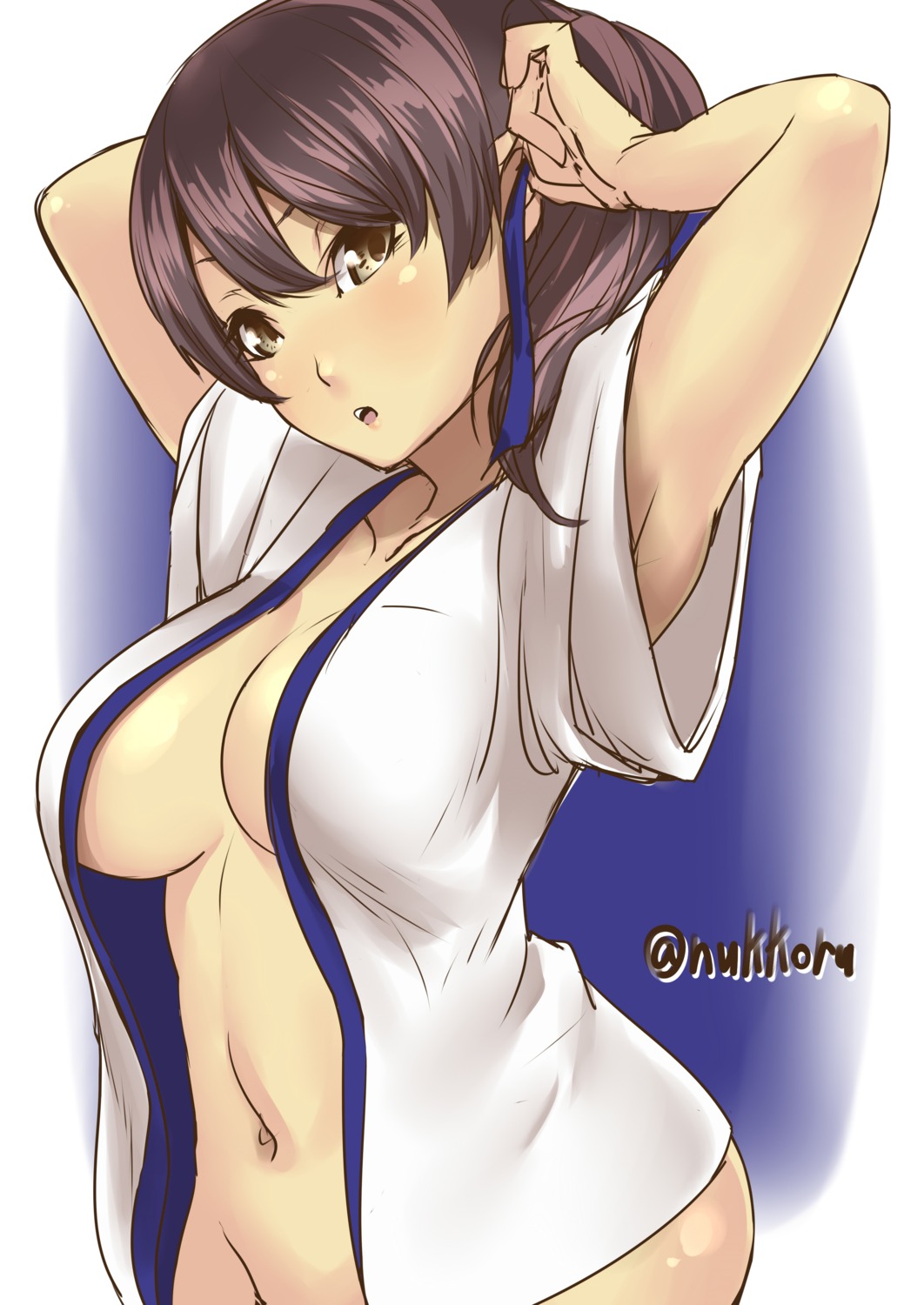 bottomless cleavage kaga_(kancolle) kantai_collection nekotama1987 no_bra open_shirt