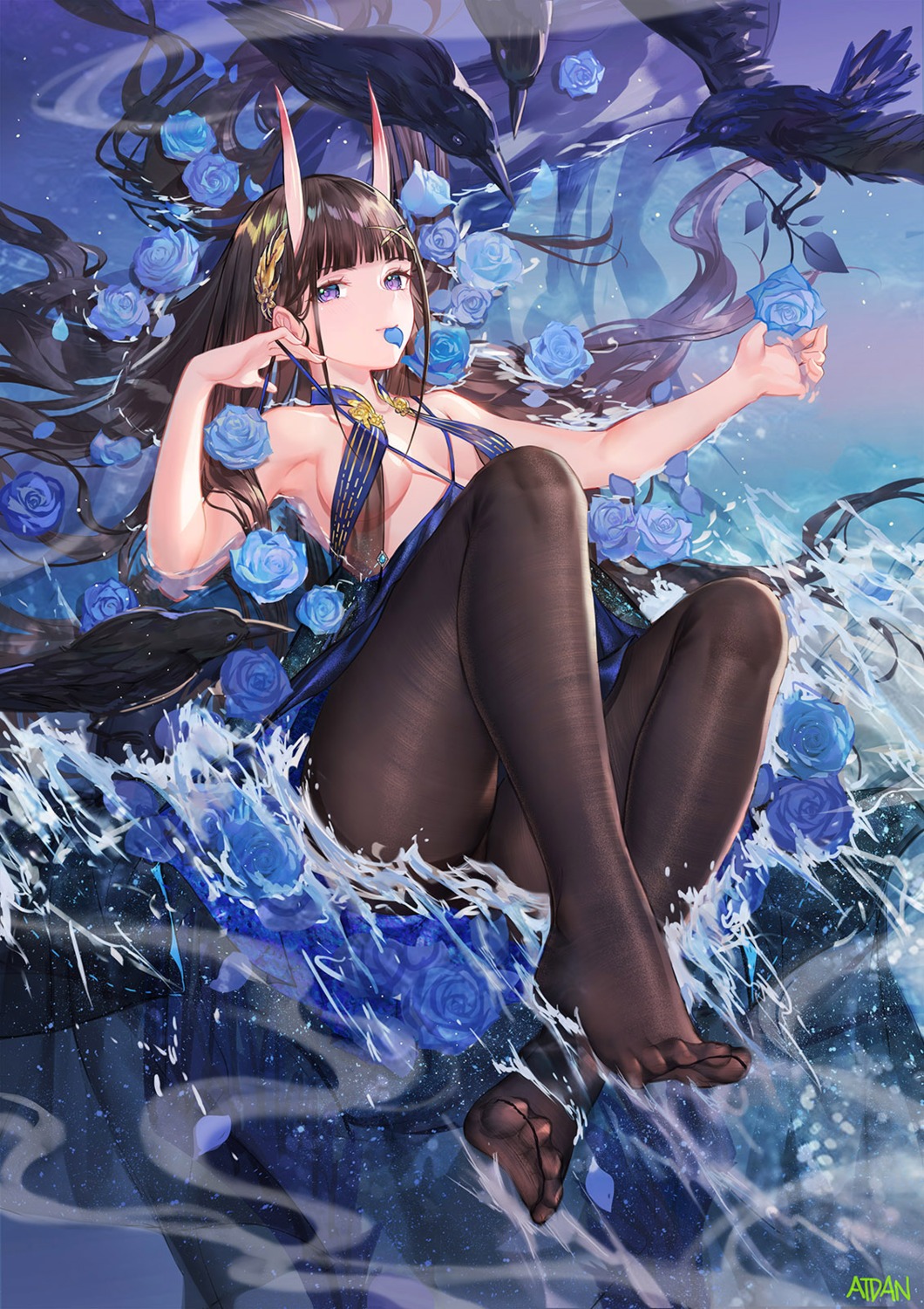 atdan azur_lane feet horns no_bra noshiro_(azur_lane) pantyhose wet