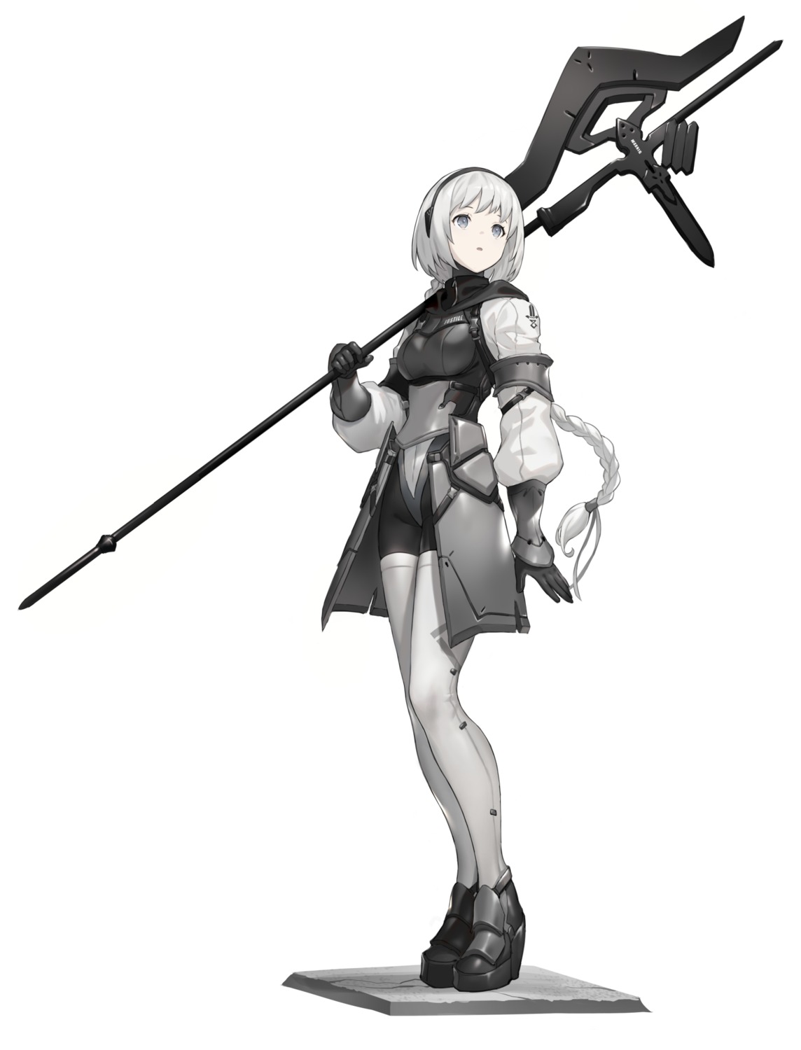 armor bodysuit heels km_yama monochrome thighhighs weapon