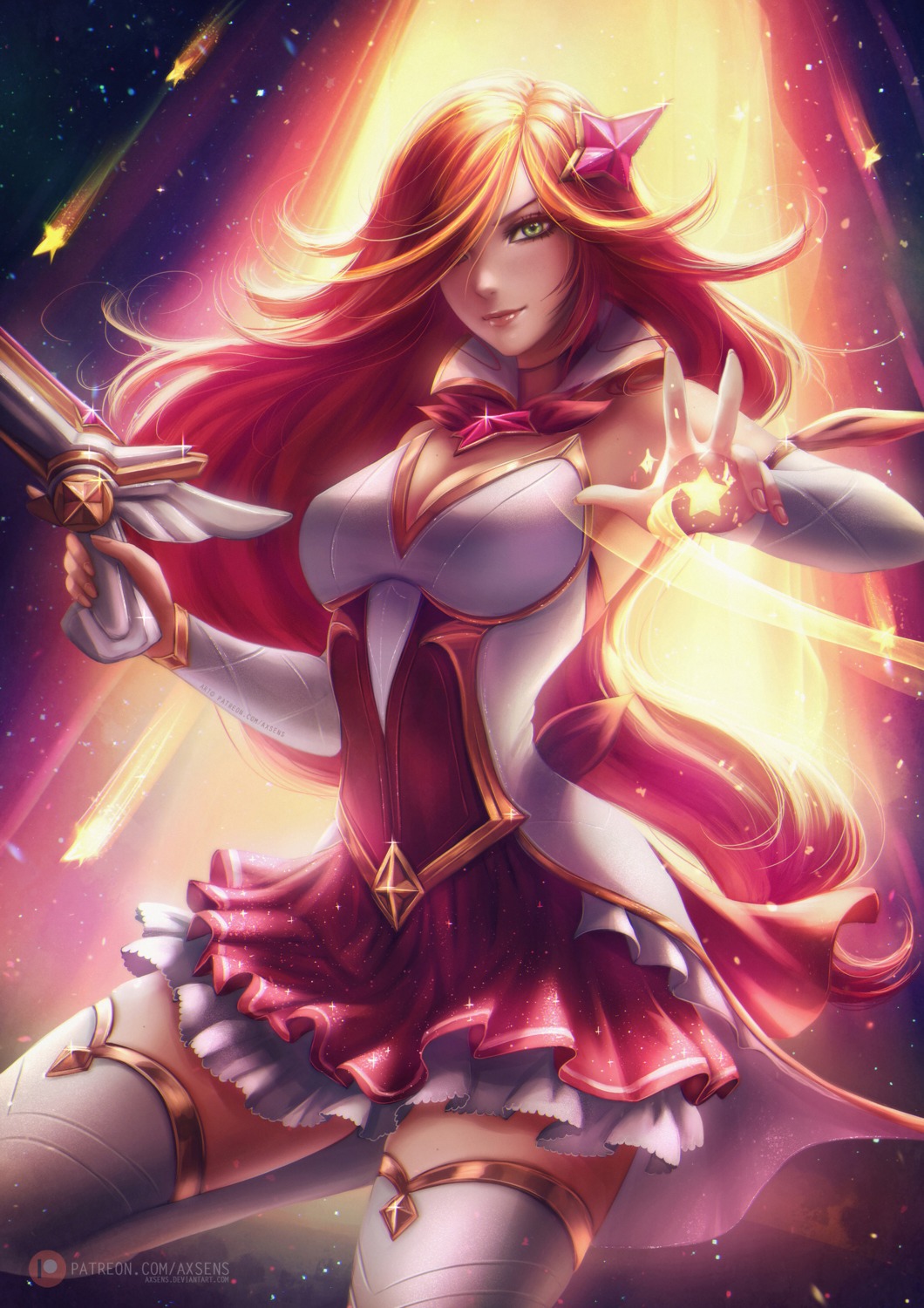 axsens cleavage dress gun league_of_legends miss_fortune no_bra thighhighs