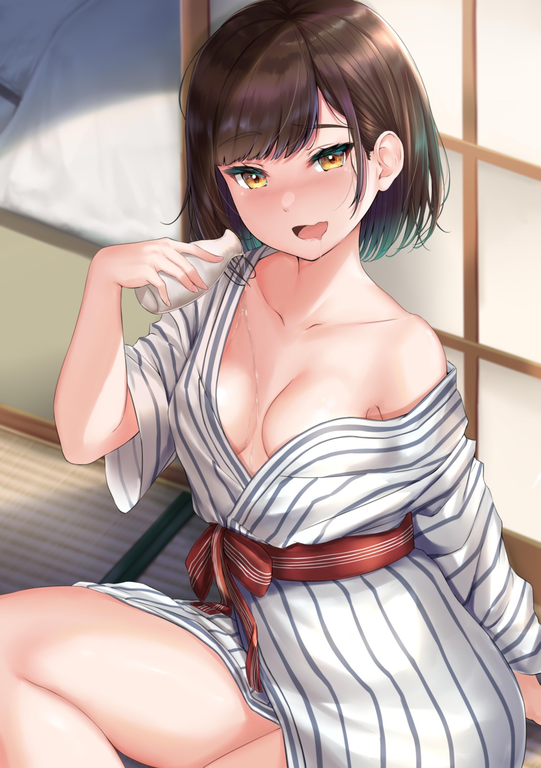 no_bra open_shirt rama_(yu-light8) sake skirt_lift wet yukata