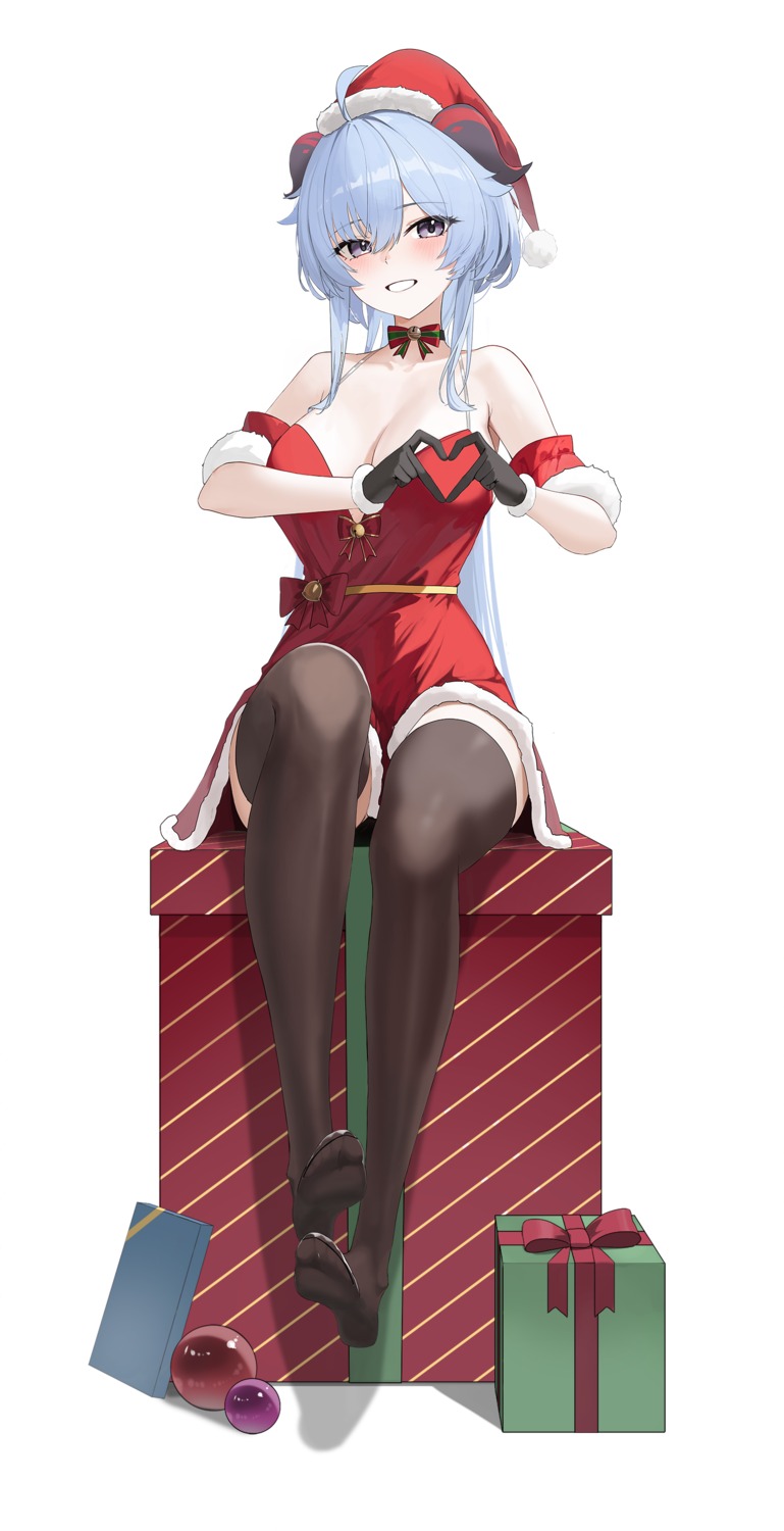 christmas dress ganyu genshin_impact horns rikui_(rella2930) skirt_lift thighhighs