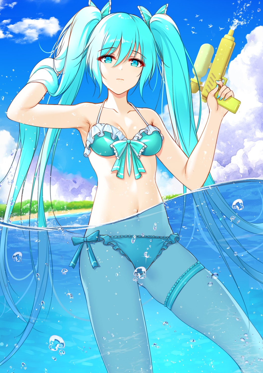 bikini cleavage flan_(seeyouflan) garter gun hatsune_miku swimsuits vocaloid wet