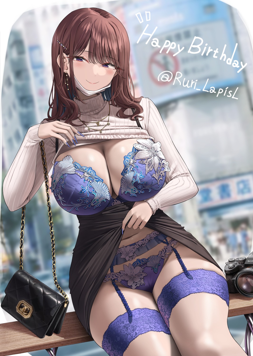 bra cameltoe garter garter_belt kuse_(0201) pantsu shirt_lift skirt_lift sweater undressing