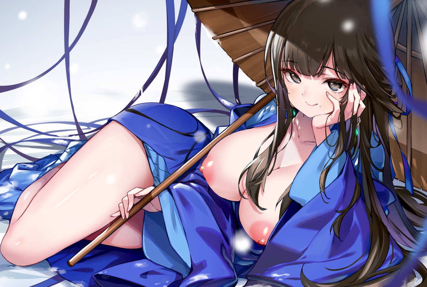 breasts hong_(white_spider) japanese_clothes legend_of_mortal nipples no_bra open_shirt umbrella xiahou_lan