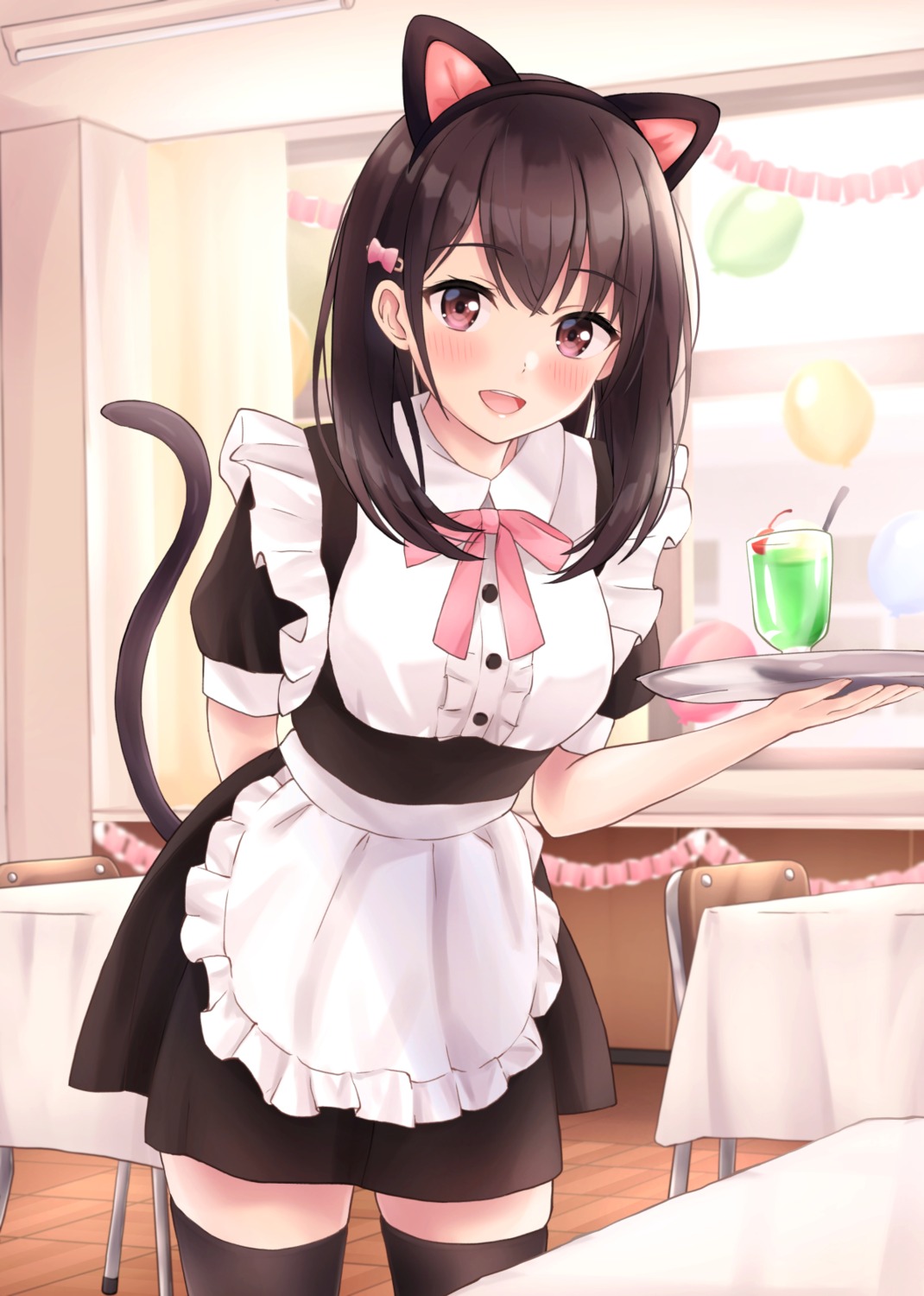 animal_ears maid nekomimi tail thighhighs waitress yukimaru217