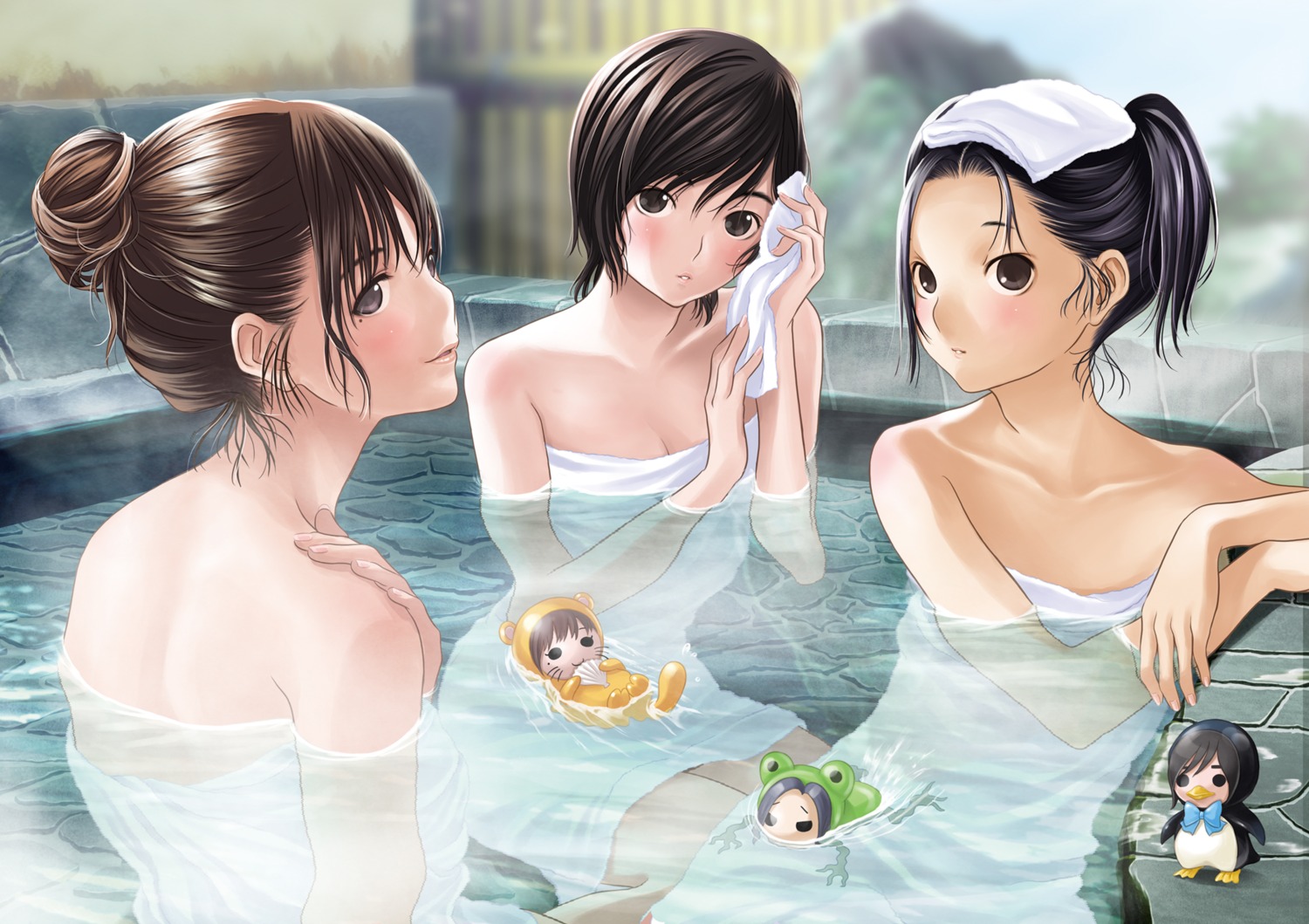 anegasaki_nene bathing kobayakawa_rinko love_plus mino_taro onsen penguin takane_manaka towel wet