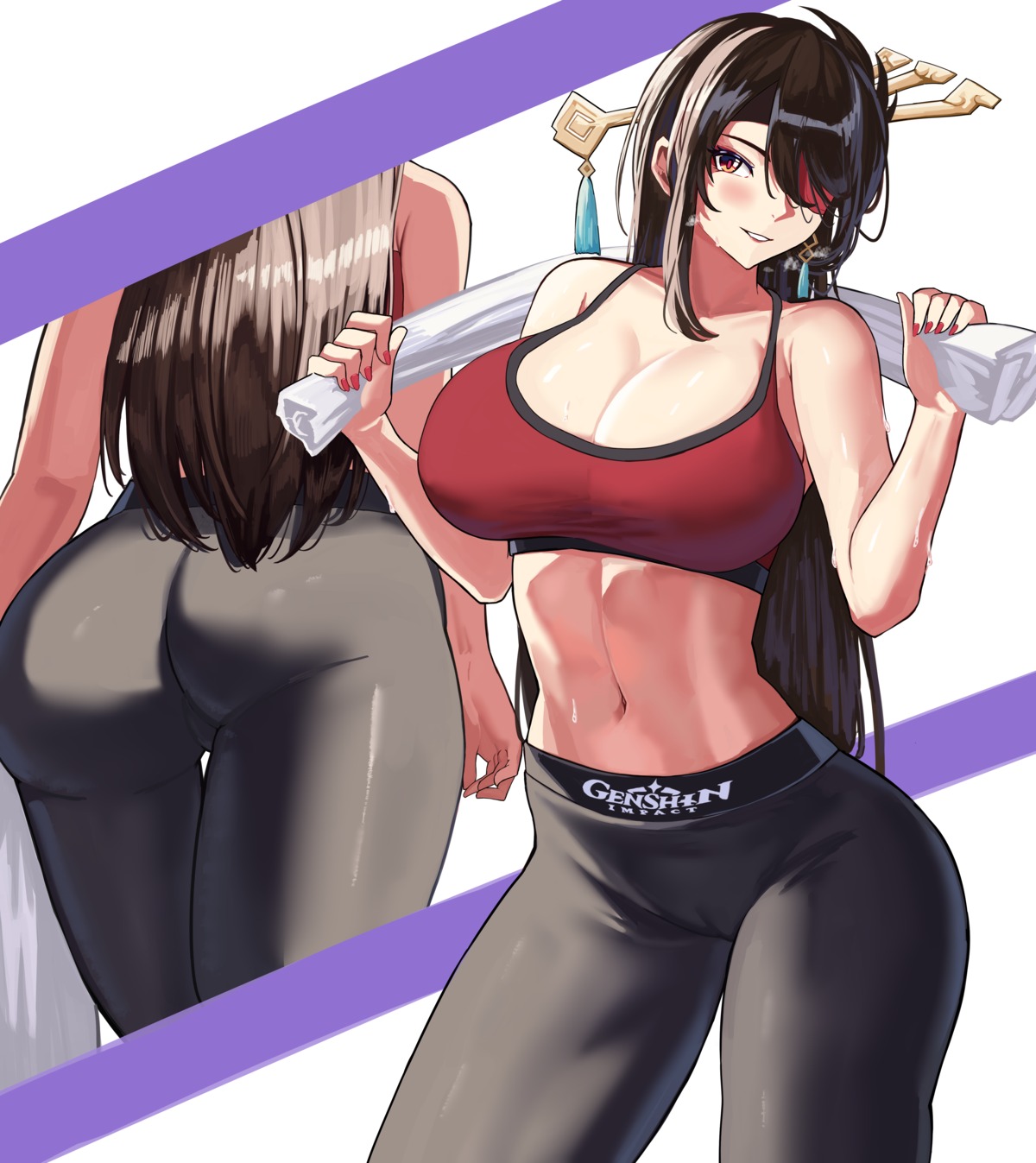 ass beidou bra eyepatch genshin_impact gym_uniform loooyd