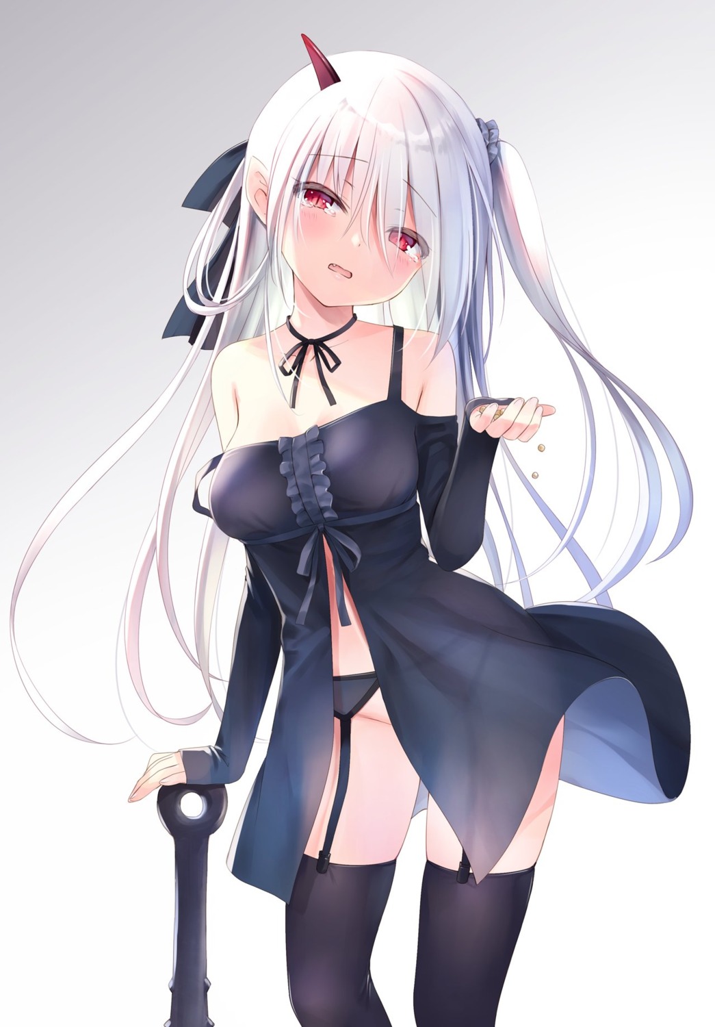 cleavage dress garter_belt horns na-ga no_bra nopan see_through skirt_lift stockings thighhighs weapon